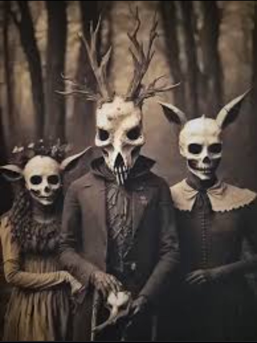 Vintage Style Gothic Horror Canvas Print - Three Skulls Occult Forest Family